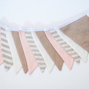 Pastel linen fabric bunting banner. Linen flag decoration for baby room. Light peach beige ivory string garland. Wall hanging decor