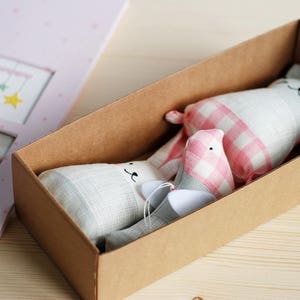 Woodland animals set, rabbit cat bird stuffed, tartan pink grey nursery decor, keepsakes for new mom imagem 10