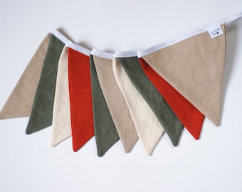 Linen fabric Bunting Banner, triangle string Pennant Garland, sage green beige burnt red cream bunting