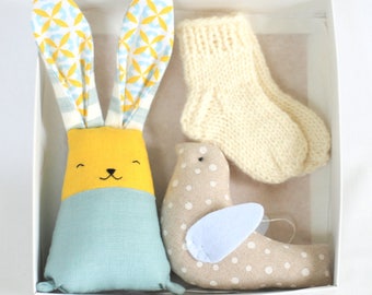 Gift set for new mom, wool socks, stuffed bunny, hanging bird, baby boy gift set, baby shower gift, rabbit toy, pregnancy announcement