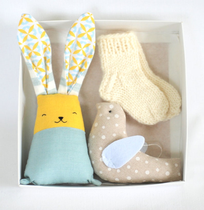 Gift set for new mom wool socks stuffed bunny hanging bird image 1
