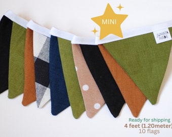 Mini fabric bunting banner, small triangle garland 4ft, nursery birthday string garland in moss green brown black