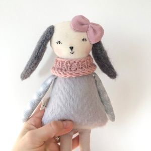 Grey ballerina bunny doll,  cloth fabric rag rabbit doll, handmade ooak dolls heirloom gift