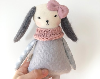 Grey ballerina bunny doll,  cloth fabric rag rabbit doll, handmade ooak dolls heirloom gift