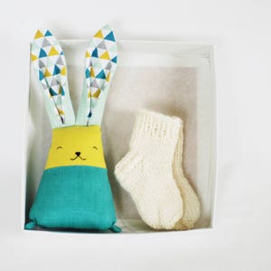 Bunny baby socks bird set, baby boys gift set, baby wool socks, stuffed rabbit toy image 2