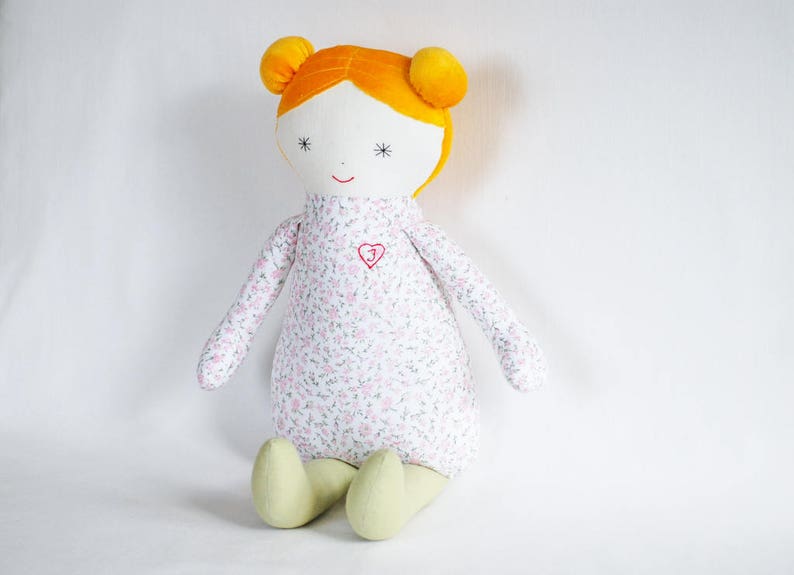 Personalized baby first soft rag doll, heirloom stuffed baby doll decor, shower gift for new mom, snug up doll with heart, doll Evelyn image 7