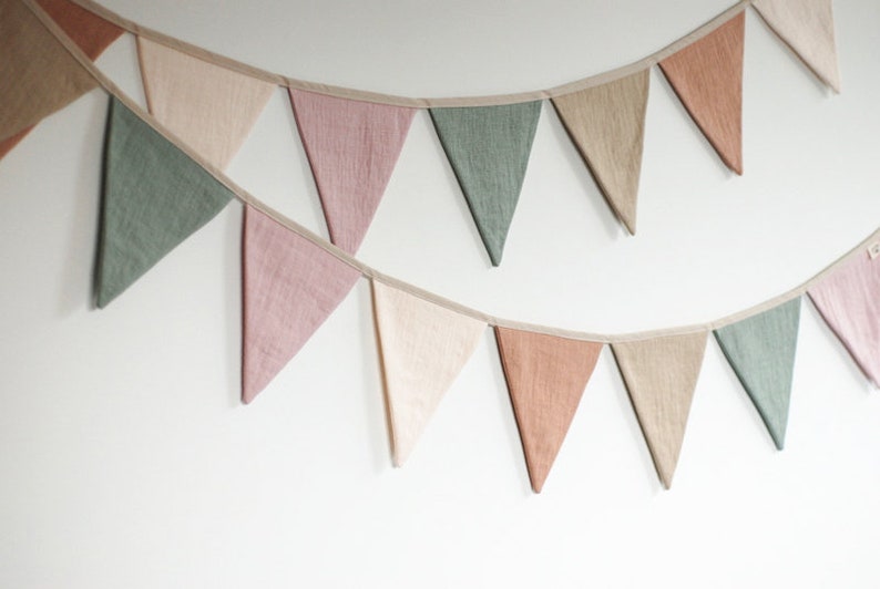 Linnen bunting wand decor, stof Bunting banner, neutrale string banner kwekerij muur opknoping bruiloft decoratie bunting afbeelding 1