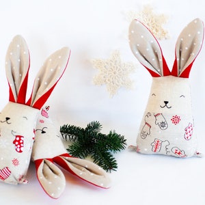 Christmas fabric bunny rabbit toy, soft stuffed red white animal toys, mantle decor gift under tree image 4