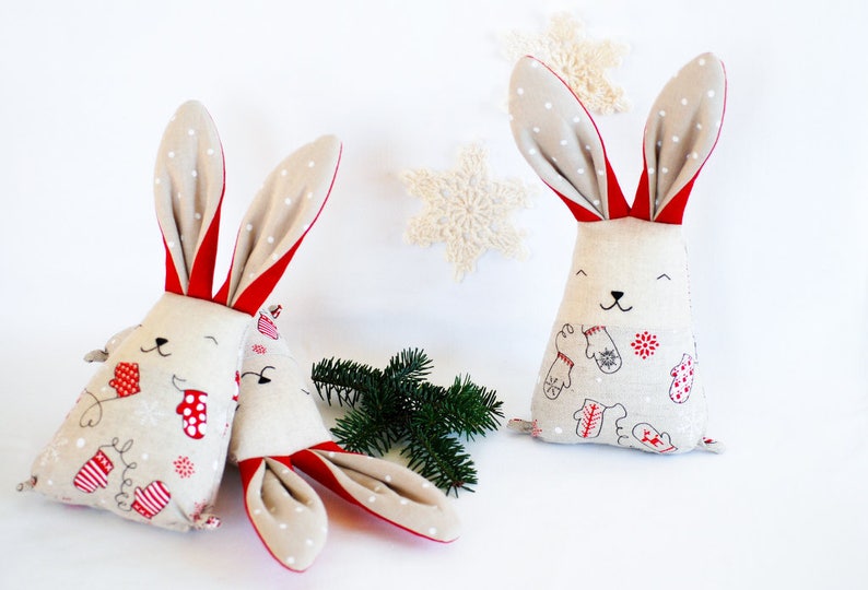 Christmas fabric bunny rabbit toy, soft stuffed red white animal toys, mantle decor gift under tree image 4