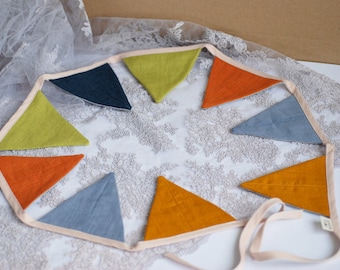 Medium triangles bunting banner, Fabric flags garland, bright pennant string linen banner, 4ft length bunting