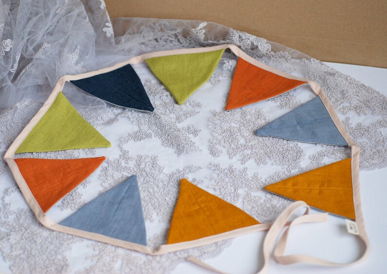 Medium triangles bunting banner, Fabric flags garland, bright pennant string linen banner, 4ft length bunting image 2