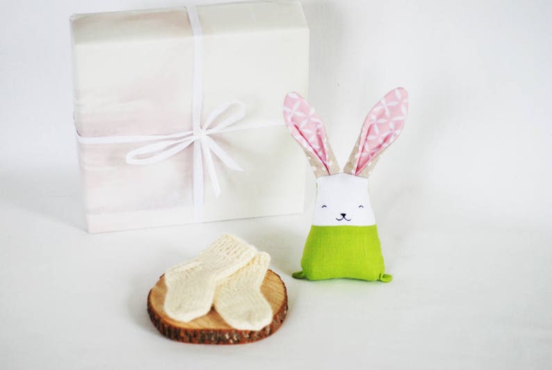 Pregnancy gift set for new mum gift box, newborn baby wool socks bunny rabbit nursery decor image 3