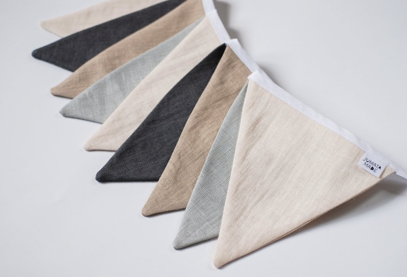 Guirnalda de lino para bodas, guirnalda rústica para fiestas al aire libre, decoración bohemia neutra para chimenea, banderín de tela reutilizable, guirnalda neutra para guardería imagen 1