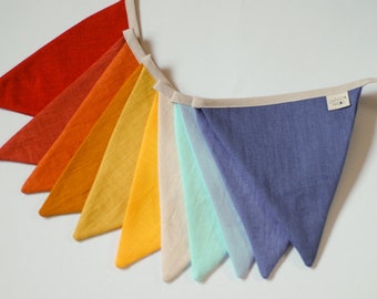 Multicolor bunting banner, Fabric wall decor, Linen Bunting garland, Blue Yellow Red String Banner, Nursery buntings, Wedding bunting