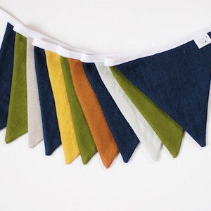 Navy yellow Brown Linen Bunting Fabric Banner Textile Flags Garland Birthday Nursery Playroom Wedding Rustic Shower Tent Decor