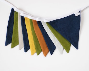 Linen Fabric Bunting: Navy, Yellow, Brown Textile Garland