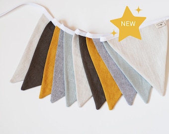 Linen Fabric Bunting Banner: Neutral Nursery Garland, 6 ft