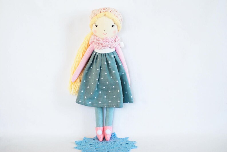 Handmade cloth rag doll, pink teal fabric blonde doll, personalized doll, heirloom gift for girl, nursery decor, doll Mia image 4