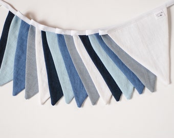 Blue Linen Bunting Garland: Nautical Nursery Decor