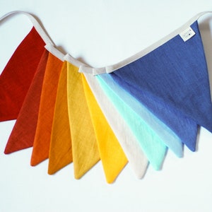 May include: A rainbow-colored fabric banner with triangular flags. The flags are in shades of red, orange, yellow, white, blue, and green.