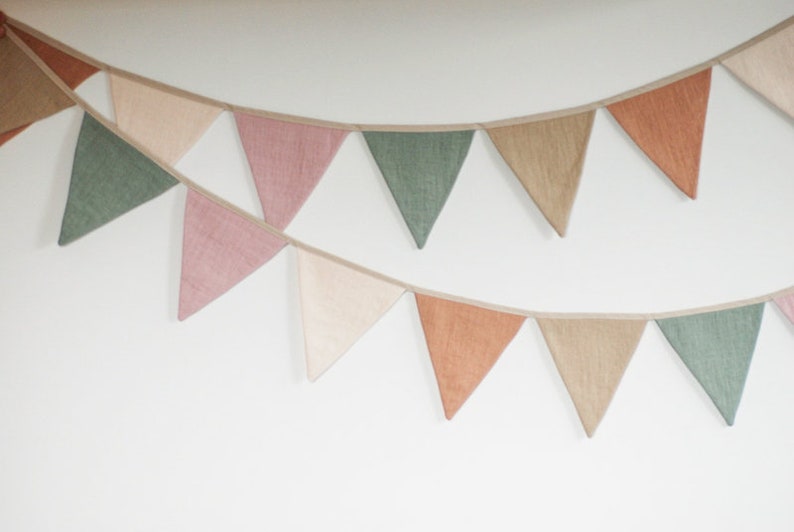 Linnen bunting wand decor, stof Bunting banner, neutrale string banner kwekerij muur opknoping bruiloft decoratie bunting afbeelding 4