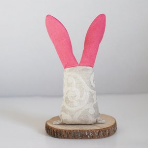 Fabric bunny stuffed animal decoration, linen rabbit with bright pink ears, nursery decoration gift for new mom image 4