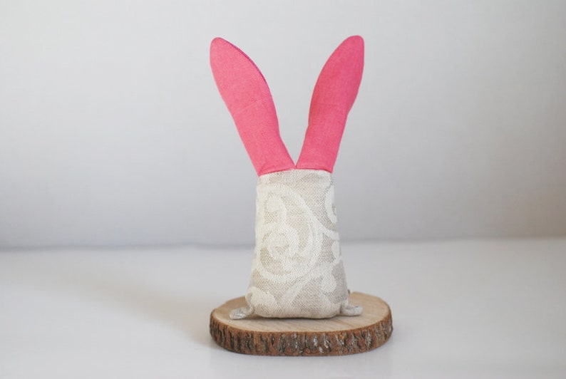 Fabric bunny stuffed animal decoration, linen rabbit with bright pink ears, nursery decoration gift for new mom image 4