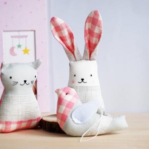 Woodland animals set, rabbit cat bird stuffed, tartan pink grey nursery decor, keepsakes for new mom imagem 9