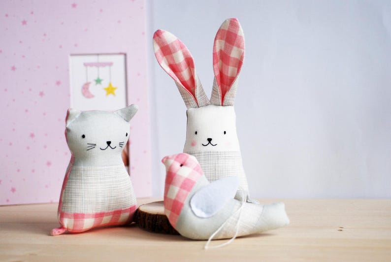 Woodland animals set, rabbit cat bird stuffed, tartan pink grey nursery decor, keepsakes for new mom imagem 9