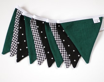 Black green triangle linen bunting banner, fabric flags garland, nursery playroom, wedding shower birthday decor