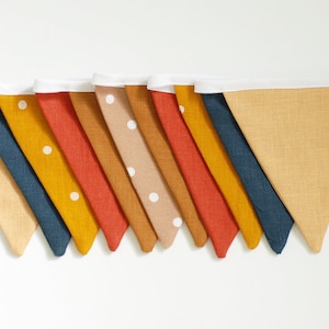 Brown blue pennants fabric bunting banner, linen flags garland decor