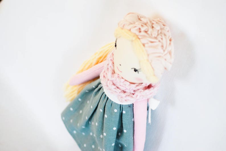 Handmade cloth rag doll, pink teal fabric blonde doll, personalized doll, heirloom gift for girl, nursery decor, doll Mia image 5