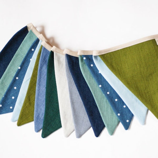 Blauw groene stof bunting banner, linnen vlag wand decor, String Banner, Kinderkamer verjaardag Bruiloft decoratie, Driehoek wimpel bunting