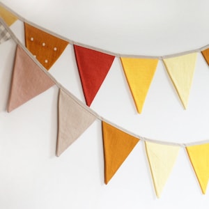 Yellow burnt orange fabric banner, Linen bunting wall decor, Fabric Bunting Garland, Neutral String Banner Nursery wall hanging bunting