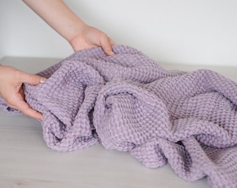 Linen cotton baby blanket, blush purple waffle linen kids throw, cuddly soft baby blanket