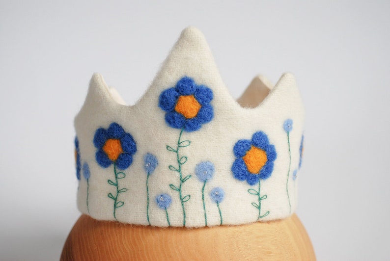 Waldorf Wool Needlefelt Crown Liberty Blue Flowers, Princess Spring Flowers Crown Birthday Keepsake gift image 1