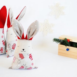 Christmas fabric bunny rabbit toy, soft stuffed red white animal toys, mantle decor gift under tree image 3