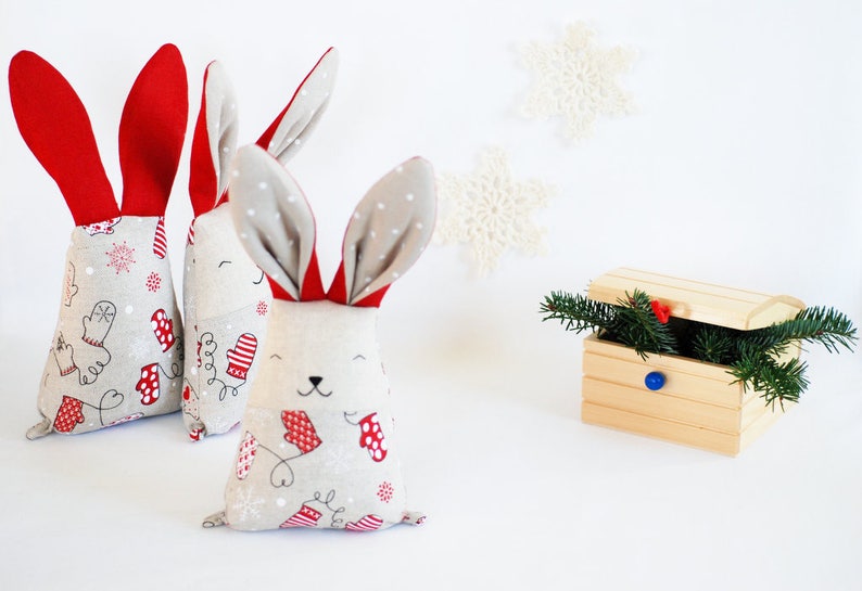 Christmas fabric bunny rabbit toy, soft stuffed red white animal toys, mantle decor gift under tree image 3