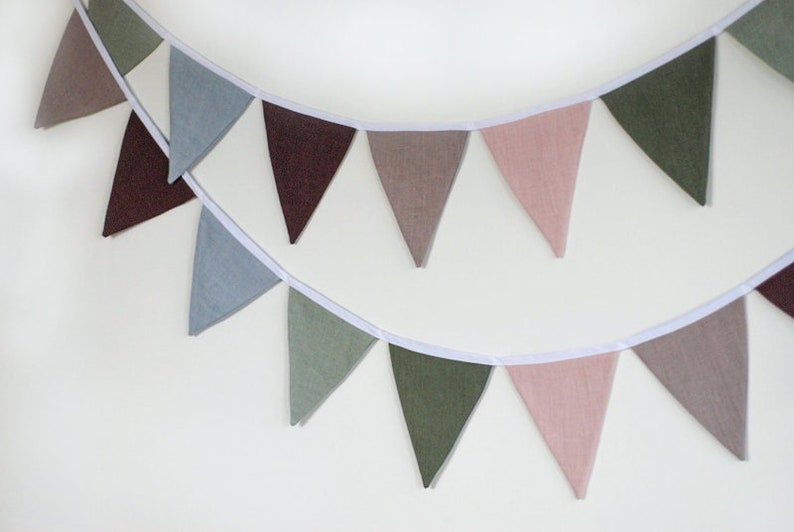 Sage green purple blue shades fabric bunting banner pennant string linen garland image 2