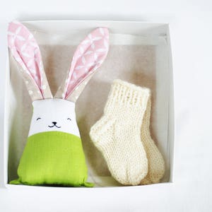 Pregnancy gift set for new mum gift box, newborn baby wool socks bunny rabbit nursery decor image 2