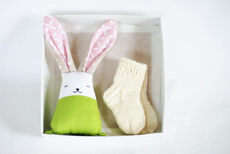 Pregnancy gift set for new mum gift box, newborn baby wool socks bunny rabbit nursery decor image 2