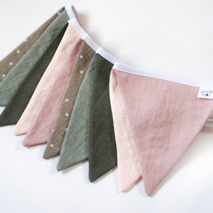 Linen fabric bunting banner, Nursery wall hanging, Wedding birthday flag home decor, sage gree rose peach bunting