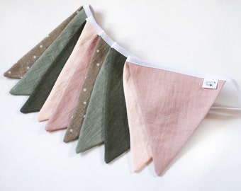 Linnen stof bunting banner, kinderkamer muur hangen, bruiloft verjaardag vlag home decor, salie gree rose perzik bunting