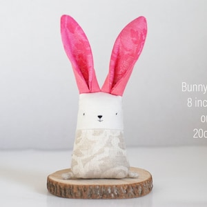 Fabric bunny stuffed animal decoration, linen rabbit with bright pink ears, nursery decoration gift for new mom image 3