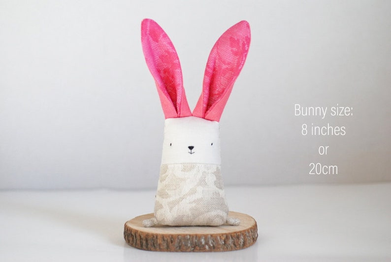 Fabric bunny stuffed animal decoration, linen rabbit with bright pink ears, nursery decoration gift for new mom image 3