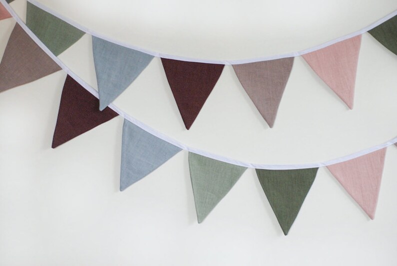 Sage green purple blue shades fabric bunting banner pennant string linen garland image 3