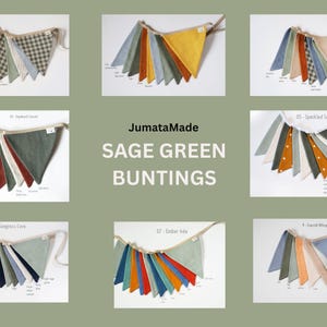 Può includere: Ghirlande di bandierine verde salvia in vari colori e fantasie, tra cui righe, quadri e tinta unita. L'immagine mostra diversi set di bandierine, ognuno con una tavolozza di colori unica. Il testo "JumataMade SAGE GREEN BUNTINGS" è visibile.