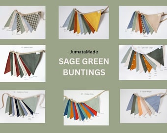 Banderines de lino color salvia: guirnalda de tela reutilizable para guarderías, bodas, fiestas y decoración del hogar.