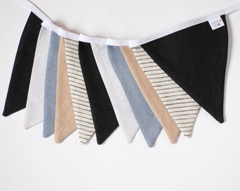 Black beige fabric bunting garland, flags nursery pennant garland, fabric flag banner playroom wedding birthday decor