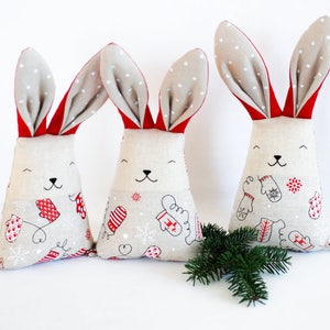 Christmas fabric bunny rabbit toy, soft stuffed red white animal toys, mantle decor gift under tree image 5